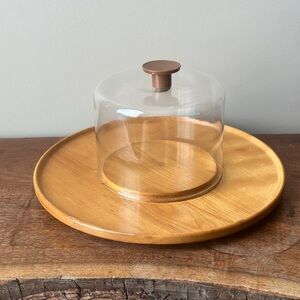 Wooden Cake Stand Tray with Glass Dome Vintage Mid Century Modern MCM